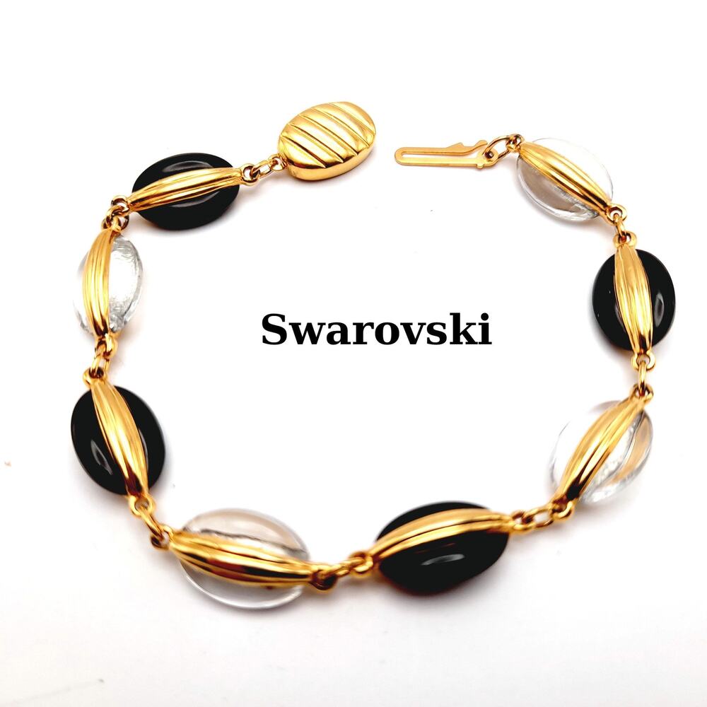 Vintage Swarovski Black Clear Crystal Bracelet Gold Tone Swan Signed